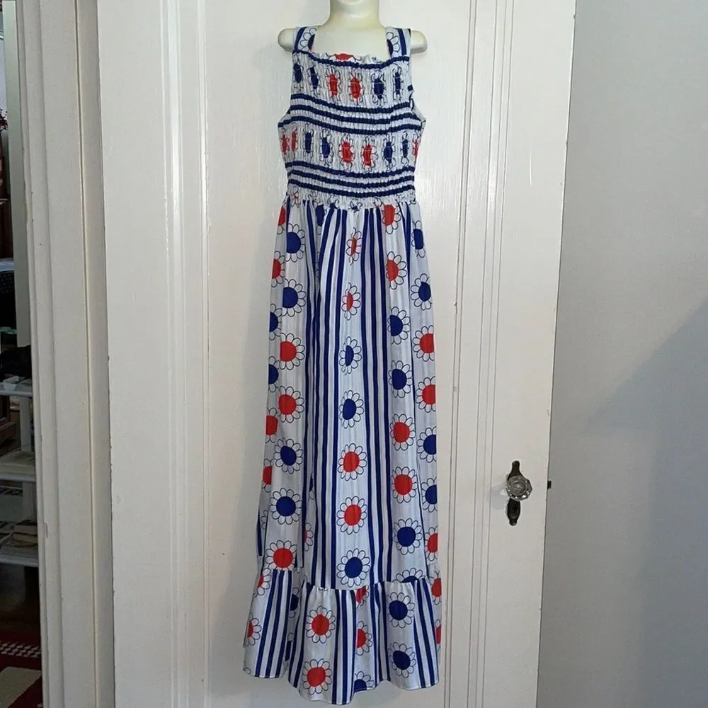 Vtg 60s/70s Youngland‎ preteen red, white & blue flower power maxi dress